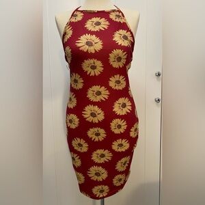 Sunflower Halter Dress In Burgundy & Yellow Sz SM NEW!